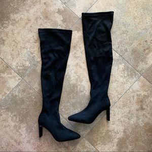 NEW IN BOX Black Faux Suede Thigh High Heeled Boots